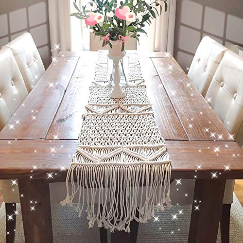 WUWEOT Tischläufer Makramee 32 x 200 cm Macrame mit Langen Quasten Table Runner Bohemia Handgewebt Tischdecke Boho Dekor für Rustikale Hochzeit Esstisch oder Couchtisch Landhausstil von WUWEOT