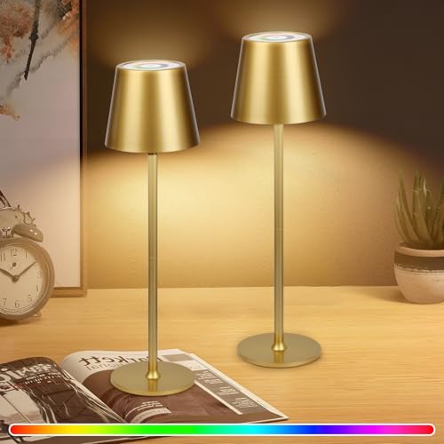 WUYOR 2 Stück Dimmbare Tischlampe Kabellose, Wiederaufladbar 3000K Farbtemperaturen und 7 RGB-Farben Tischleuchte mit USB-C, LED Wiederaufladbar Akku für Outdoor Indoor, Wasserdichte, 5500mAh, Gold von WUYOR