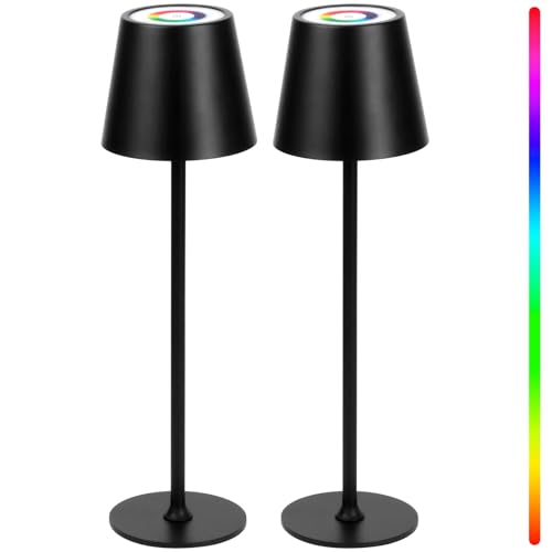 WUYOR 2 Stück Dimmbare Tischlampe Kabellose, Wiederaufladbar 3000K Farbtemperaturen und 7 RGB-Farben Tischleuchte mit USB-C, LED Wiederaufladbar Akku für Outdoor Indoor, Wasserdichte, 5500mAh Schwarz von WUYOR