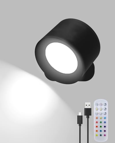 WUYOR LED Wandleuchte Innen, wiederaufladbare Wandleuchterlampe mit Fernbedienung, dimmbar 12 RGB + 3 Farbmodi und magnetische 360° Drehung, kabelloses Licht für Schlafzimmer, Nachttisch, Schwarz von WUYOR