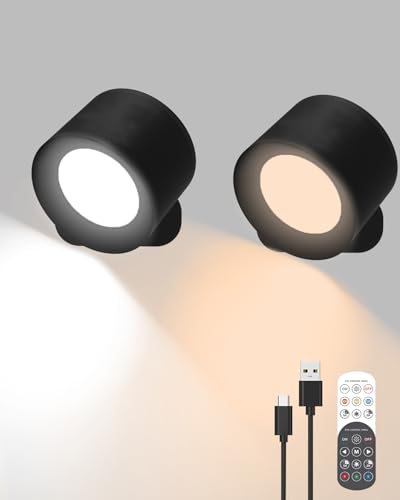 WUYOR LED Wandleuchte Innen, 2 Stück Wandleuchterlampe mit Fernbedienung, dimmbar 12 RGB + 3 Farbmodi und magnetische 360° Drehung, kabelloses Licht für Schlafzimmer, Nachttischlampe, Treppe, Schwarz von WUYOR