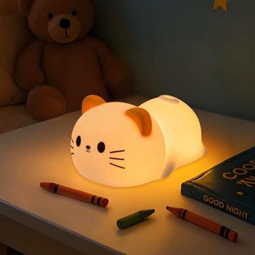 WUYOR Nachtlicht Kinder Katze RGB Baby Nachtlicht mit Sound ausgestattete, LED Baby Stilllicht Silikon Nachttischlampe mit USB Aufladung Kawaii Kinderzimmer Babyzimmer Deko von WUYOR