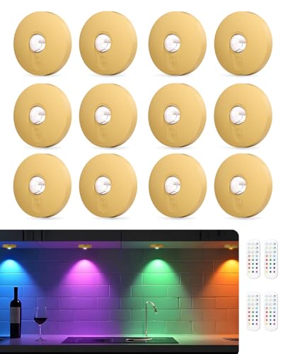 WUYOR USB Aufladbar RGB LED Spots Akku mit Fernbedienung, Farbwechsel Led Unterbauleuchte, Magnetisch Dimmbar Akku LED Schrankbeleuchtung, Kabellos Vitrinenbeleuchtung mit Timing Funktion Gold 12PCS von WUYOR