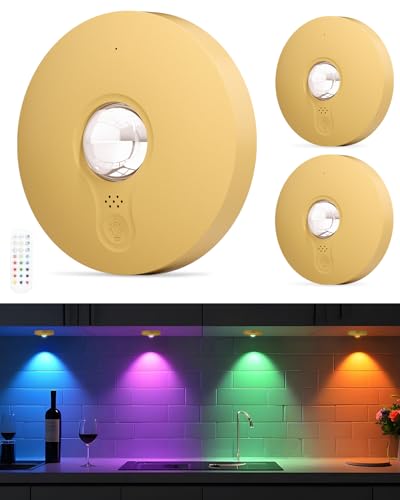 WUYOR USB Aufladbar RGB LED Spots Akku mit Fernbedienung, Farbwechsel Led Unterbauleuchte, Magnetisch Dimmbar Akku Schrankbeleuchtung, Kabellos Vitrinenbeleuchtung mit Timing Funktion Gold 3PCS von WUYOR