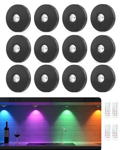 WUYOR USB Aufladbar RGB LED Spots Akku mit Fernbedienung, Farbwechsel Led Unterbauleuchte, Magnetisch Dimmbar Akku Schrankbeleuchtung, Kabellos Vitrinenbeleuchtung mit Timing Funktion Schwarz 12PCS von WUYOR