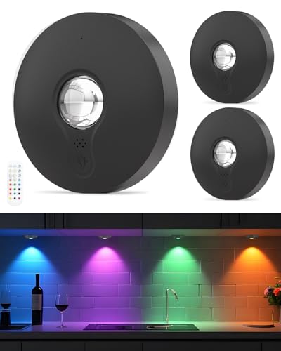 WUYOR USB Aufladbar RGB LED Spots Akku mit Fernbedienung, Farbwechsel Led Unterbauleuchte, Magnetisch Dimmbar Akku LED Schrankbeleuchtung, Kabellos Vitrinenbeleuchtung mit Timing Funktion Schwarz 3PCS von WUYOR