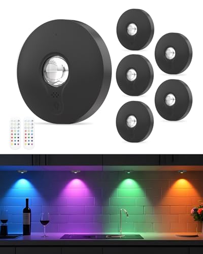 WUYOR USB Aufladbar RGB LED Spots Akku mit Fernbedienung, Farbwechsel Led Unterbauleuchte, Magnetisch Dimmbar Akku Schrankbeleuchtung, Kabellos Vitrinenbeleuchtung mit Timing Funktion Schwarz 6PCS von WUYOR