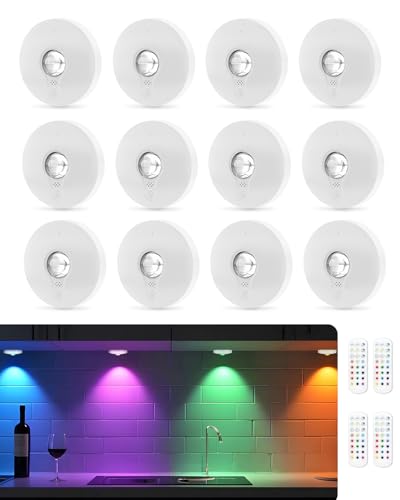 WUYOR USB Aufladbar RGB LED Spots Akku mit Fernbedienung, Farbwechsel Led Unterbauleuchte, Magnetisch Dimmbar Akku Schrankbeleuchtung, Kabellos Vitrinenbeleuchtung mit Timing Funktion Weiß 12PCS von WUYOR
