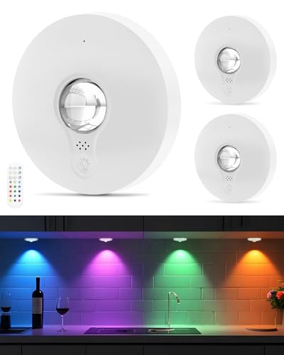 WUYOR USB Aufladbar RGB LED Spots Akku mit Fernbedienung, Farbwechsel Led Unterbauleuchte, Magnetisch Dimmbar Akku LED Schrankbeleuchtung, Kabellos Vitrinenbeleuchtung mit Timing Funktion, Weiß 3PCS von WUYOR