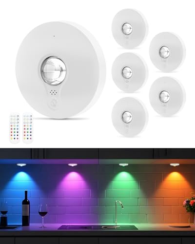 WUYOR USB Aufladbar RGB LED Spots Akku mit Fernbedienung, Farbwechsel Led Unterbauleuchte, Magnetisch Dimmbar Akku LED Schrankbeleuchtung, Kabellos Vitrinenbeleuchtung mit Timing Funktion Weiß 6PCS von WUYOR