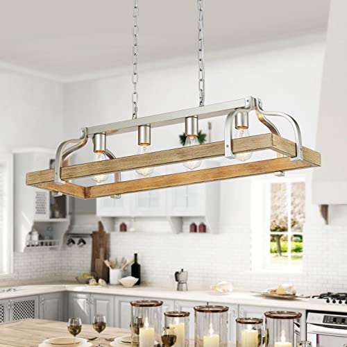 WUZUPS 4-Leichtmetall-Topf-Hängeregal Kronleuchter Imitation helle Holzmaserung lineare Pendelleuchte Deckenbeleuchtung rustikale Bauernhausbefestigung Kücheninsel Esszimmer, E27 Sockel, Nickel von WUZUPS