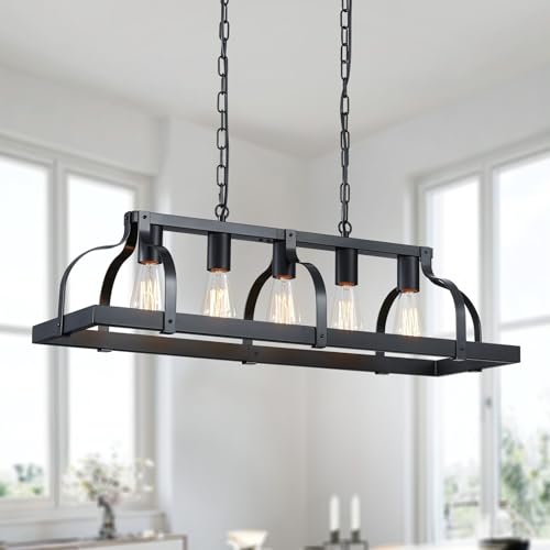 WUZUPS 5-Leichtmetall Kronleuchter Imitation Holzmaserung Lineare Pendelleuchte Deckenbeleuchtung Rustikale Bauernhaus Armatur Küche Insel Esszimmer, E27 Sockel, Schwarz von WUZUPS