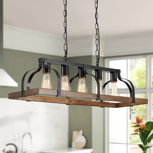 WUZUPS 5-Leichtmetall Kronleuchter Imitation Holzmaserung Lineare Pendelleuchte Deckenbeleuchtung Rustikale Bauernhaus Armatur Küche Insel Esszimmer, E27 Sockel, Schwarz & Retro Holz von WUZUPS