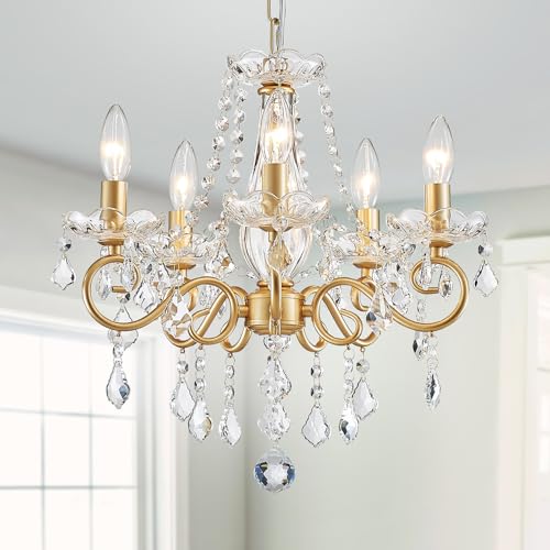 WUZUPS Kristall Kerze Kronleuchter Pendel Flushmount Deckenleuchte Moderne Beleuchtung für Schlafzimmer Flur Bar Küche Bad, H42 W43, Gold, E14 Base von WUZUPS