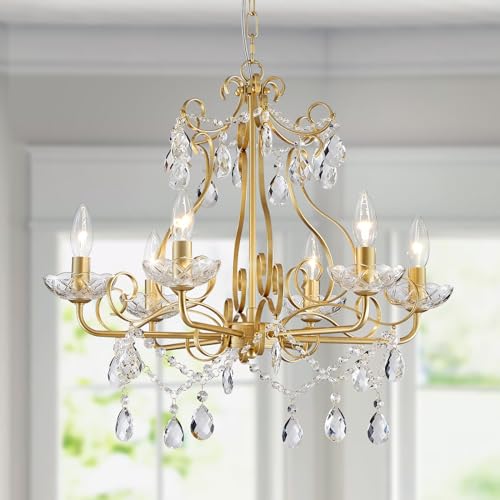 WUZUPS Kristall Kerze Kronleuchter Pendel Flushmount Deckenleuchte moderne Beleuchtung für Schlafzimmer Flur Bar Küche Bad, H 55 x B 57, Gold, E14 Base von WUZUPS