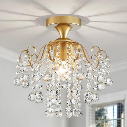 WUZUPS Kristall-Kronleuchter Flushmount Deckenleuchte Moderne Beleuchtung für Schlafzimmer Flur Bar Küche Badezimmer, H 34 x B 32, E14 Base, Gold von WUZUPS
