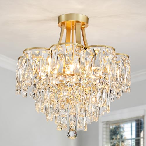 WUZUPS Kristall-Kronleuchter Flushmount Deckenleuchte Moderne Beleuchtung für Schlafzimmer Flur Bar Küche Badezimmer, H 49 x B 46. 5, E14 Base, Gold WUZUPS Kristall-Kronleuchter Flushmount Deckenleuchte Moderne Beleuchtung für Schlafzimmer Flur Bar Küche Badezimmer, H 49 x B 46. 5, E14 Base, Gold von WUZUPS