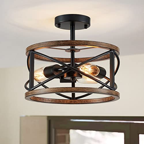 WUZUPS Kronleuchter 3-flammig Holzmaserung Vintage Bauernhaus Industrie-Halbbündigmontage Deckenleuchte Leuchte für Foyer Flur Abstellraum Küche Bad, H 30 x B 24, schwarz von WUZUPS