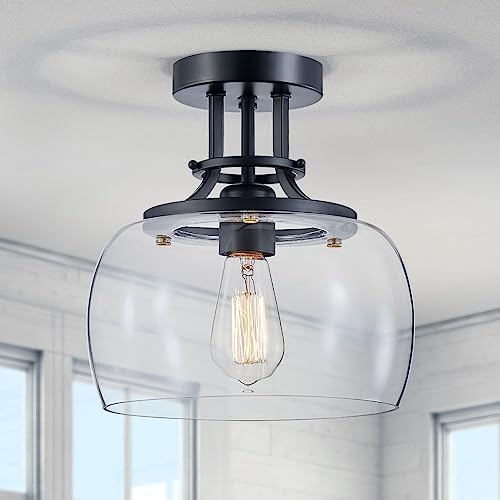 WUZUPS Kronleuchter Rustikales Bauernhaus Industrielle Runde Halbbündige Decken-LED-Leuchte mit klaren Glasschirmen für Badezimmer Küche Foyer Eingang, H25 x W25, E27 Basis, schwarz von WUZUPS