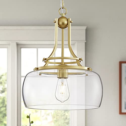 WUZUPS Kronleuchter rustikales Bauernhaus industrielle runde Deckenpendel LED-Leuchte mit Klarglasschirmen für Esszimmer Küche Insel Foyer Eingang, H 43 x B 34, E27 Sockel, Gold von WUZUPS