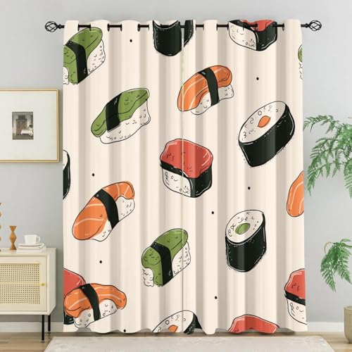 WVKFJEK Gardinen mit Ösen Blickdicht Vorhänge Wohnzimmer, Cartoon-Essen Muster 214x264 cm(HxB), 2er Set Thermovorhang Hitzeschutz Verdunkelnde Gardinen für Schlafzimmer Verdunkelungsvorhang von WVKFJEK