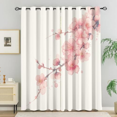 WVKFJEK Gardinen mit Ösen Blickdicht Vorhänge Wohnzimmer, Chinesisch Rosa Blume 166x150 cm(HxB), 2er Set Thermovorhang Hitzeschutz Verdunkelnde Gardinen für Schlafzimmer Verdunkelungsvorhang von WVKFJEK