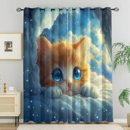 WVKFJEK Gardinen mit Ösen Blickdicht Vorhänge Wohnzimmer, Katze Niedlich Sterne Wolken 214x184 cm(HxB), 2er Set Thermovorhang Hitzeschutz Verdunkelnde Gardinen für Schlafzimmer Verdunkelungsvorhang von WVKFJEK
