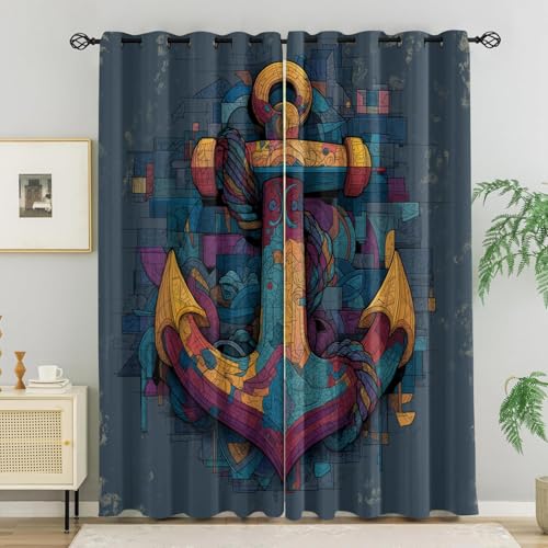 WVKFJEK Verdunklungsvorhänge Abstrakt Anker Druck Vorhänge Blickdicht 2er Set, H 160 x B 140 cm Modern Gardinen mit Ösen Wohnzimmer Schlafzimmer, Verdunkelung Thermovorhang Kälteschutz von WVKFJEK