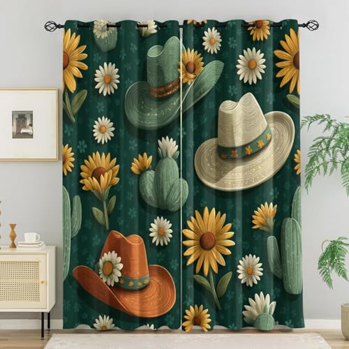 WVKFJEK Verdunklungsvorhänge Hut Kaktus Sonnenblume - 2er Set Thermovorhang Hitzeschutz - Vorhang Blickdicht mit Ösen - Modern Wohnzimmer Schlafzimmer Kinderzimmer - Gardinen 260x280 cm von WVKFJEK