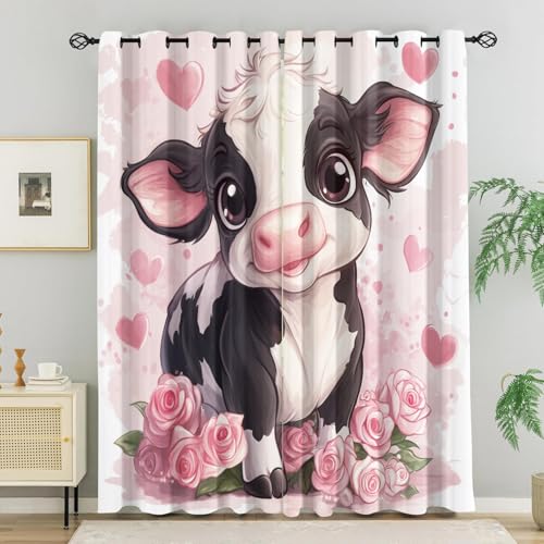 WVKFJEK Verdunklungsvorhänge Kuh Rosa Rose - 2er Set Thermovorhang Hitzeschutz - Vorhang Blickdicht mit Ösen - Modern Wohnzimmer Schlafzimmer Kinderzimmer - Gardinen 214x264 cm von WVKFJEK
