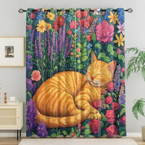 WVKFJEK Verdunklungsvorhänge Ölgemälde Katze Lavendel Blume - 2er Set Thermovorhang Hitzeschutz - Vorhang Blickdicht mit Ösen - Modern Wohnzimmer Schlafzimmer Kinderzimmer - Gardinen 214x184 cm von WVKFJEK