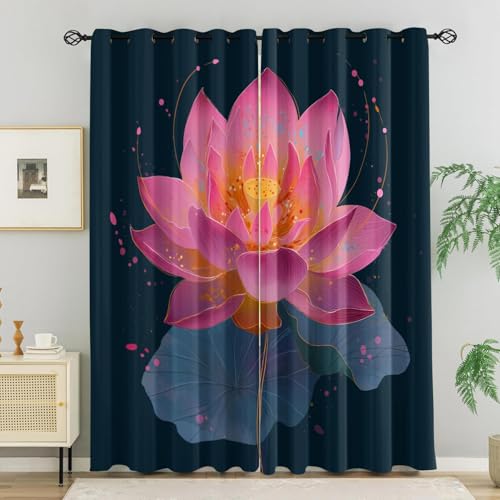 WVKFJEK Verdunklungsvorhänge Rosa Lotus Lotusblatt Vorhänge Blickdicht 2er Set, H 166 x B 214 cm Modern Gardinen mit Ösen Wohnzimmer Schlafzimmer, Verdunkelung Thermovorhang Kälteschutz von WVKFJEK