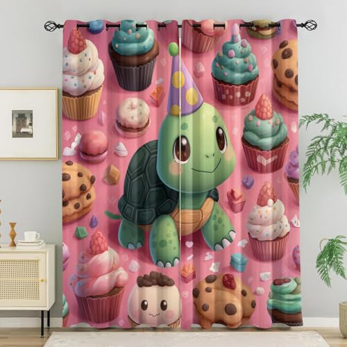 WVKFJEK Verdunklungsvorhänge Schildkröte Eiscreme Kuchen Rosa Vorhänge Blickdicht 2er Set, H 160 x B 140 cm Modern Gardinen mit Ösen Wohnzimmer Schlafzimmer, Verdunkelung Thermovorhang Kälteschutz von WVKFJEK