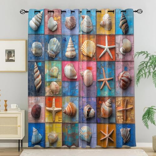 WVKFJEK Vorhänge mit Ösen Kinderzimmer Muschel Seestern Muschel Meer Verdunkelungsvorhang Wohnzimmer Schlafzimmer 2 Stücke, H 214 x B 184 cm, Gardinen Blickdicht Vorhang Thermovorhang Kälteschutz von WVKFJEK