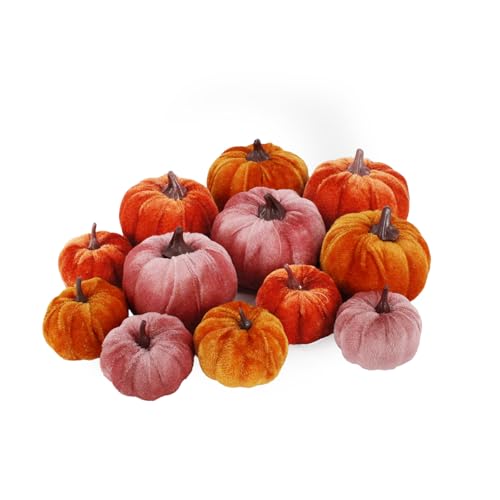 WVWMYM 12 Stück Künstliche Herbstdeko Kürbis, Faux Mini Stoff Kürbis Deko Herbst Verschiedene Größen Schaum Zierkürbisse für Herbstdeko Tisch Thanksgiving Halloween Party (Orange) von WVWMYM