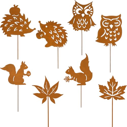WVWMYM 8er Gartenstecker Herbstdeko Outdoor, 25cm Beidseitig Gartenstecker Rost mit Lgel Ahornblatt Eichhörnchen Eule Herbst Dekoration Metall Gartendeko für Draußen Gärten Rasenflächen Pflanzgefäße von WVWMYM