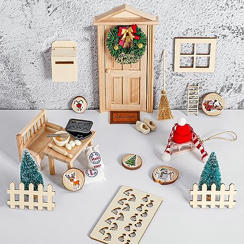 WVWMYM Wichteltür Komplettset, Miniatur Wichtel Zubehör Weihnachten, Wichteltür Set, Weihnachtsdeko Feentür für Kinder Wichtelhaus, Weihnachtsbaumgirlande, Teppich, Miniatur-Gartenmöbel (45 Stück) von WVWMYM