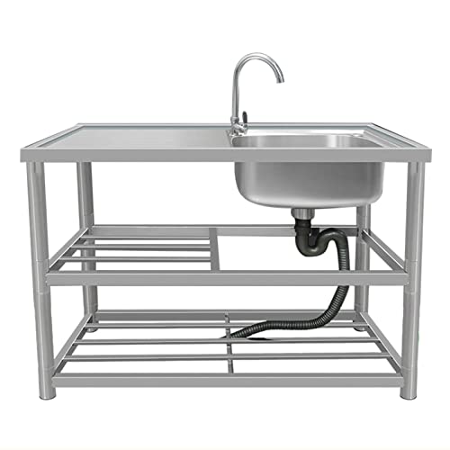 WWERTYY Küchenspüle aus Edelstahl mit Ständer | Tragbare Einzelbecken-Spüle für die Gastronomie | Freistehend mit Arbeitsfläche und Wasserhähnen | Warm- und Kaltwasser | Freistehende Spüle von WWERTYY