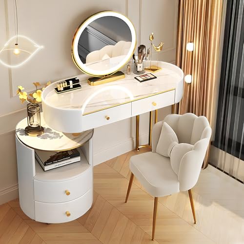 WWERTYY Schminktisch mit Spiegel und Licht, weißer Frisiertisch mit 4 Schubladen und Hocker, Schminktisch fürs Schlafzimmer, Moderne Kommode mit viel Stauraum, für Damen- und Mädchenschlaf von WWERTYY