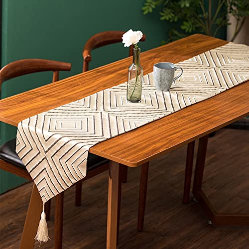 WWFAN Gold Tischläufer Jacquard Tischdecke Schmal mit Quasten for Esstisch Tisch Hochzeit Party Weihnachtsdekoration Bettläufer (Color : Beige, Size : 32x280cm) von WWFAN