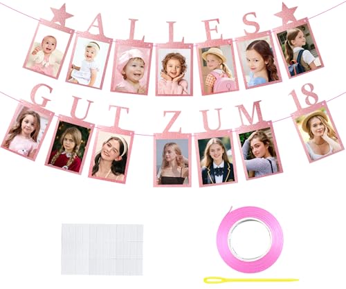 Deko 18. Geburtstag Mädchen,Fotogirlande zum 18. Geburtstag,Alles GUT ZUM 18,18 Glitzerkarten für Fotos von 1 bis 18 Jahre von WWISTOA
