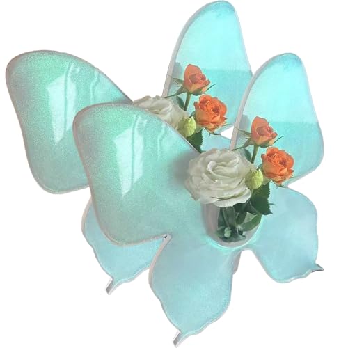 WWPgetrich Butterfly Vase 2pcs Butterfly Flower Vase Acrylic Butterfly Picture Frame Vase for Home Cafes Work Desk Etc(Green) von WWPgetrich