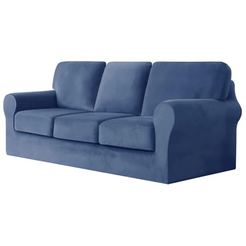 WWQQKJ 1-Sitzer-Sofabezug, Samt-Sofabezug mit separatem Rückenlehnenbezug und Kissenbezug, weiche Plüsch-Sofabezüge for Couch-Modemöbelbezüge(Blu,3 Posti) von WWQQKJ