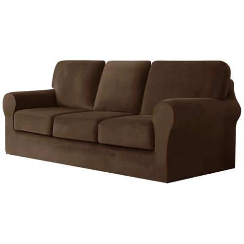 WWQQKJ 1-Sitzer-Sofabezug, Samt-Sofabezug mit separatem Rückenlehnenbezug und Kissenbezug, weiche Plüsch-Sofabezüge for Couch-Modemöbelbezüge(Brown,3 Posti) von WWQQKJ