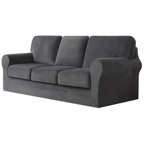 WWQQKJ 1-Sitzer-Sofabezug, Samt-Sofabezug mit separatem Rückenlehnenbezug und Kissenbezug, weiche Plüsch-Sofabezüge for Couch-Modemöbelbezüge(Dark Gray,3 Posti) von WWQQKJ