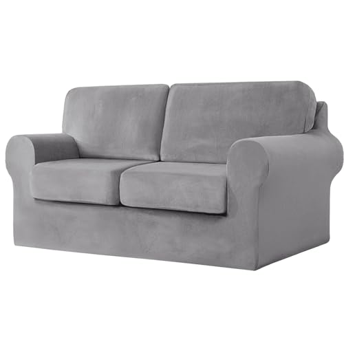 WWQQKJ 1-Sitzer-Sofabezug, Samt-Sofabezug mit separatem Rückenlehnenbezug und Kissenbezug, weiche Plüsch-Sofabezüge for Couch-Modemöbelbezüge(Light Gray,2 Posti) von WWQQKJ