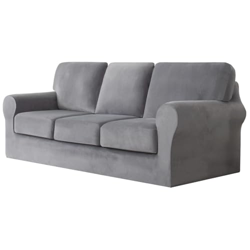 WWQQKJ 1-Sitzer-Sofabezug, Samt-Sofabezug mit separatem Rückenlehnenbezug und Kissenbezug, weiche Plüsch-Sofabezüge for Couch-Modemöbelbezüge(Light Gray,3 Posti) von WWQQKJ