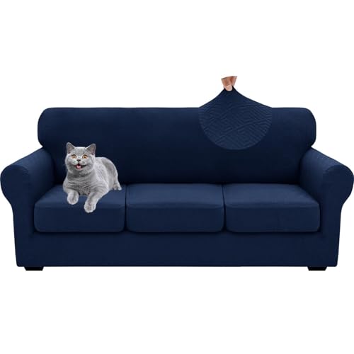 WWQQKJ 1 Sitzer Sofabezug mit Armlehnen Universal mit Separaten Kissen Elastischer Anti-Rutsch Sesselbezug(Navy,3 Posti) von WWQQKJ