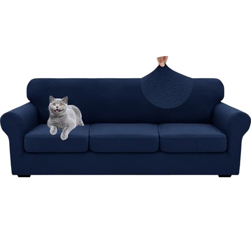 WWQQKJ 1 Sitzer Sofabezug mit Armlehnen Universal mit Separaten Kissen Elastischer Anti-Rutsch Sesselbezug(Navy,XL Sofa(3 Cushions)) von WWQQKJ