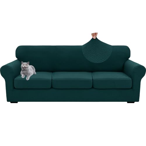 WWQQKJ 1 Sitzer Sofabezug mit Armlehnen Universal mit Separaten Kissen Elastischer Anti-Rutsch Sesselbezug(Verde Scuro,XL Sofa(3 Cushions)) von WWQQKJ